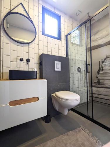 a bathroom with a toilet and a sink and a shower at Przeszklony Tiny House w Lesie in Tomczyn