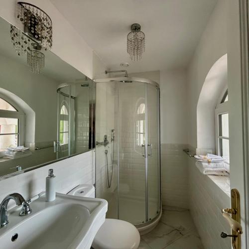 a bathroom with a shower and a sink at Pensiunea DolceVita in Măldăreşti