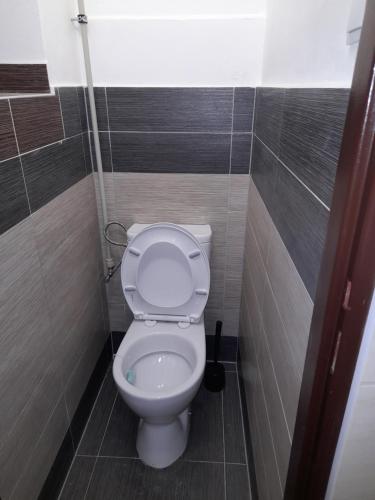 Un baño con un inodoro blanco en una cabina. en Apartments Vančurova private parking, en Brno