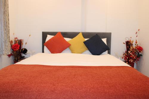 1 dormitorio con 1 cama con almohadas coloridas en RB en Stockport