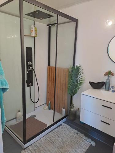 a shower with a glass enclosure in a bathroom at Lodge karibea in Saint-François