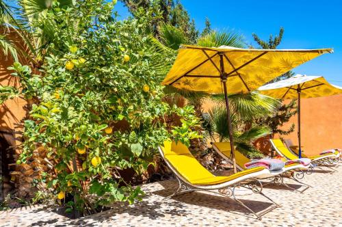 two yellow chairs and an umbrella on a beach at Kasbah Alili in Marrakech