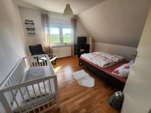 ein kleines Schlafzimmer mit einem Kinderbett und einem Babybett in der Unterkunft Querenhorst, Unterkunft am Feld in Querenhorst