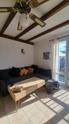 un salon avec un canapé et un ventilateur de plafond dans l'établissement Cosy 2 bedrooms aprt -Argenteuil, à Argenteuil