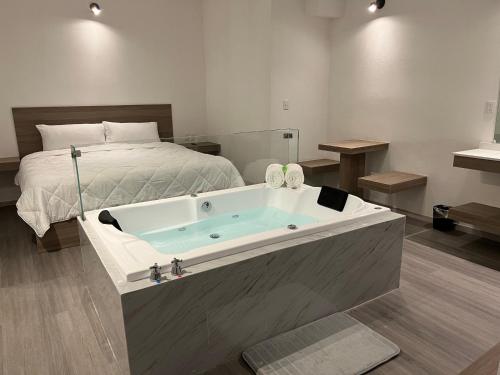 Hotel Blanco Pachuca في باتشوكا دي سوتو: حوض استحمام في غرفة نوم مع سرير