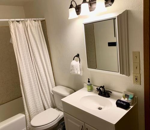 a bathroom with a sink and a toilet and a mirror at The Park Chalet by Casago McCall - Donerightmanagement in McCall