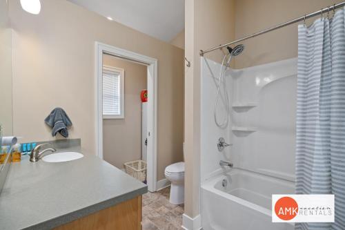 a bathroom with a sink and a toilet and a shower at Downtown Holland Charmer in Holland