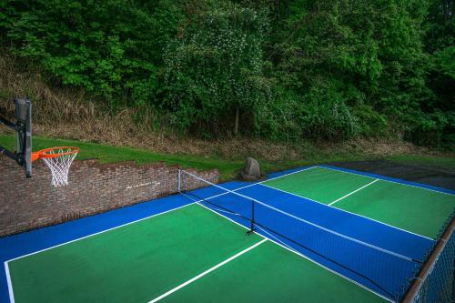 a tennis court with a net and a basketball hoop at Massive Asheville Compound A Memorable Experience in Weaverville