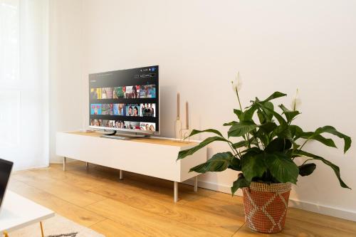 a living room with a tv and a plant at Moderní byt s přímým vstupem do parku v centru Ostravy in Jáma Jindřich