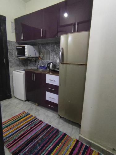 kuchnia z lodówką ze stali nierdzewnej i fioletowymi szafkami w obiekcie BTM RENTAL CHALETS PORTO MATROUH FAMiLY ONLY w mieście Marsa Matruh