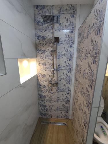 a bathroom with a shower with blue and white wallpaper at Ticina apartment in Sarajevo