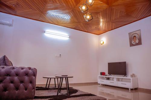 a living room with a couch and a tv at Ange meublés in Bassa