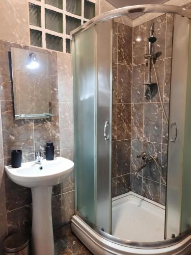 a bathroom with a sink and a shower at Apartment tbilisi central in Tbilisi City