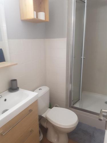 une salle de bain blanche avec toilettes et douche dans l'établissement Studio place saint clair, au Cap d'Agde