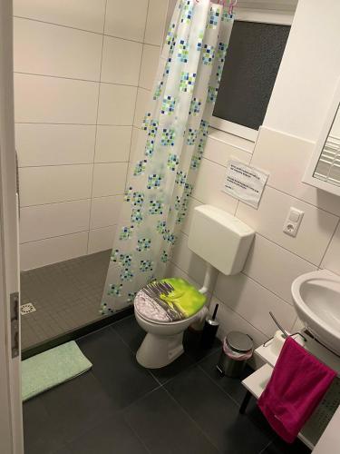 a bathroom with a toilet and a shower curtain at Großes 2-Schlafzimmer Apartment in Cölbe in Cölbe