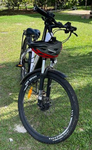 uma bicicleta estacionada na relva num parque em Tiny house et un vélo à assistance électrique (VAE) em Puahua