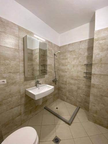 a bathroom with a sink and a toilet and a mirror at Alvi Apartment 1 in Sarandë