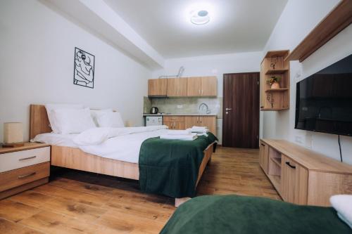 a bedroom with a large bed and a flat screen tv at Darki Apartments 2 - Very Central Stay With Free Parking in Ohrid