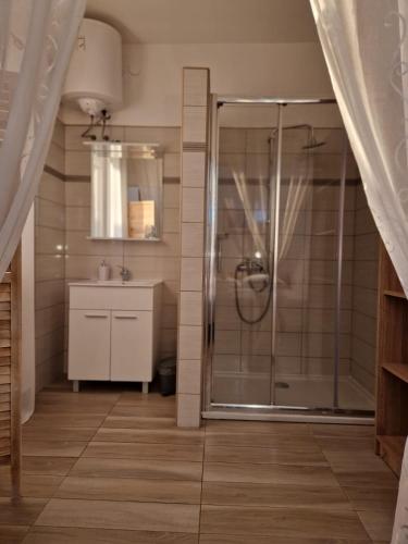 a bathroom with a shower and a sink at Hestia Apartments in Rovinj