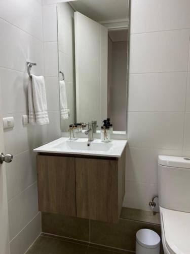 テムコにあるApart Center Temucoの洗面台、鏡、トイレ付きのバスルーム