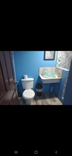 uma casa de banho azul com um WC e um lavatório em S&M Apartments and rooms em San José