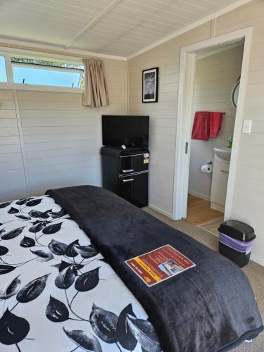 a bedroom with a bed and a television in a room at TradeStop Short-Term Accomodation in Raglan