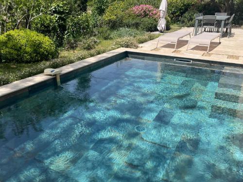 une piscine avec de l'eau bleue dans une cour dans l'établissement Holiday Home Vaison with Private Pool, à Vaison-la-Romaine