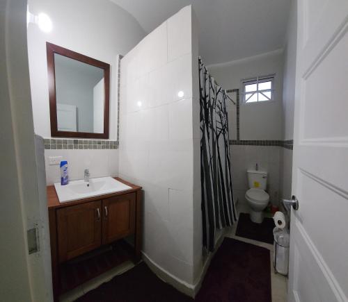 ein Bad mit einem Waschbecken und einem WC in der Unterkunft Robinson Villa..... your gateway to Carnival City. in Belmont