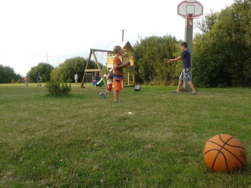 a group of children playing in a field with a basketball at Villa Medeina in Šventoji