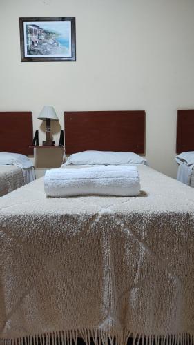 Una cama con una colcha blanca encima. en Hotel LasNegritas en San Agustín de Valle Fértil