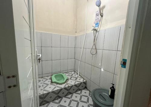 a small bathroom with a shower with a green toilet at Steze Guesthouse Syariah Talang Banjar in Jambi