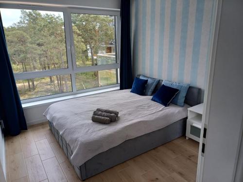 1 cama en un dormitorio con ventana grande en Apartament przy plaży - Rowy, en Rowy