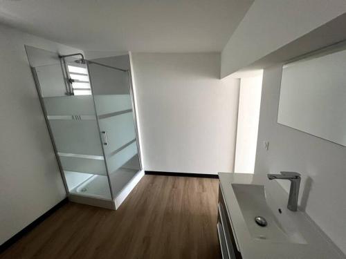 a bathroom with a sink and a glass cabinet at Caliente AnseVata Studio in Noumea