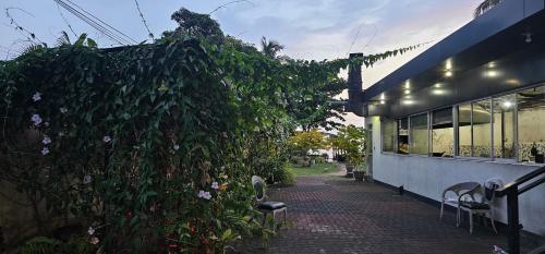 a ivy covered wall next to a building with chairs at AIRPORT Tramonto in Katunayake