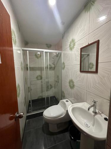 欽博特的住宿－HOSTAL VICTTORIA PRINCESS，浴室配有卫生间、盥洗盆和淋浴。