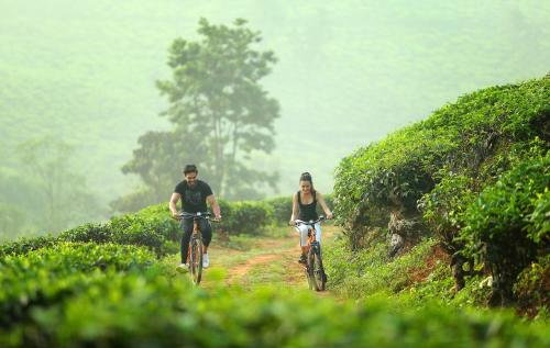 a man and woman riding bikes down a dirt road at Peter's Coffee Creek Wayanad Pool Resort and Spa in Wayanad