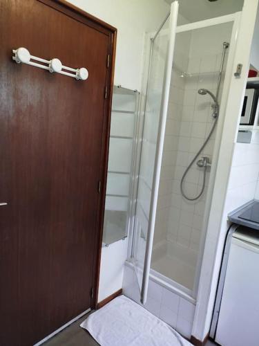 une salle de bain avec douche et porte vitrée dans l'établissement La studette de Vesle, à Reims