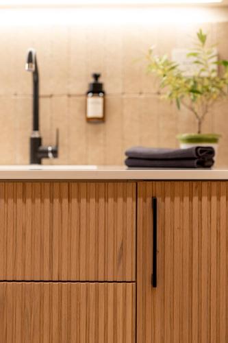 a kitchen counter with a sink and a potted plant at Naiira Luxury Trullo - jacuzzi and patio in Alberobello