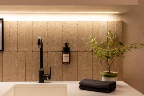 a bathroom sink with a soap dispenser and a plant at Naiira Luxury Trullo - jacuzzi and patio in Alberobello