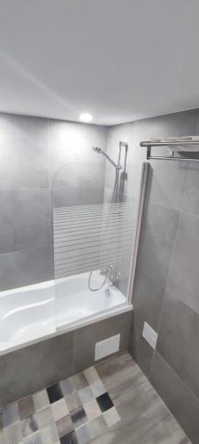 a bathroom with a shower and a tub with a glass door at Olimp Family - Olimp Sea View Apartments in Olimp
