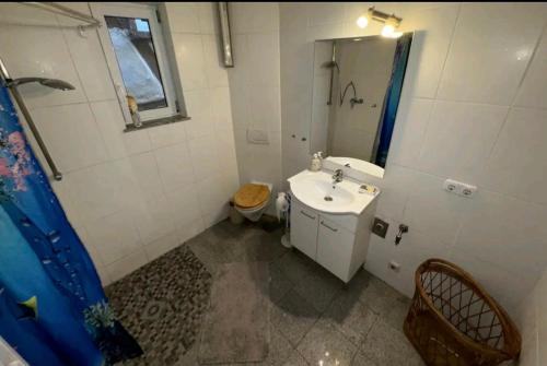 a bathroom with a sink and a toilet and a mirror at Schäferwagen 1,25x1,90m Gemeinschaftsbad Freies WLAN in Hausbreitenbach