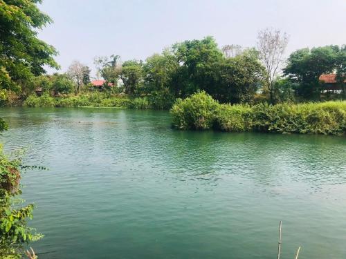 un río con agua verde y árboles en el fondo en The Smiling Lao, en Muang Không