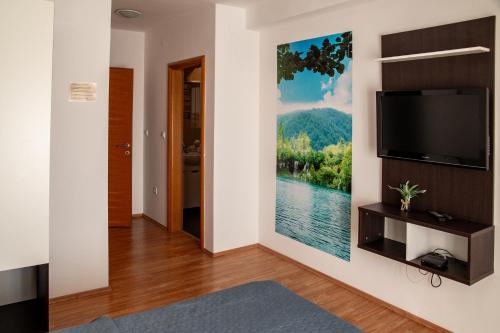 una sala de estar con TV y una pintura en la pared en Guest House Maritimo, en Sukošan