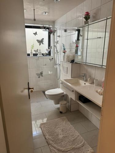 y baño con aseo, lavabo y ducha. en Appartement Waldblick, en Völklingen