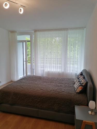 a bedroom with a large bed with white curtains at Ferienwohnung in Veitshöchheim in Veitshöchheim
