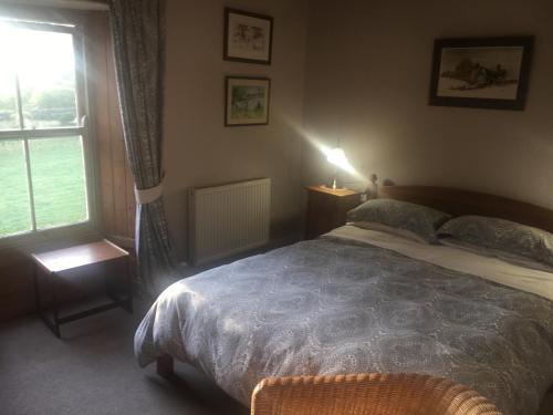 a bedroom with a large bed and a window at Fferm Glanyrynys Farm in Carmarthen