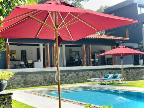 un grande ombrellone rosso accanto alla piscina di Ellies House ad Ahungalla