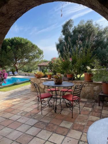 un patio avec une table et des chaises et une piscine dans l'établissement Villa Eden, à Tourrettes-sur-Loup