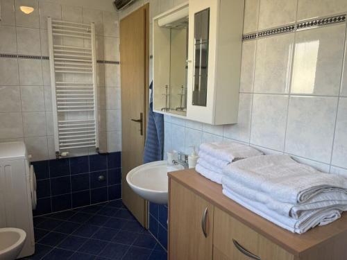 a bathroom with a sink and a toilet and a mirror at Medulin Burle A4 1 in Medulin