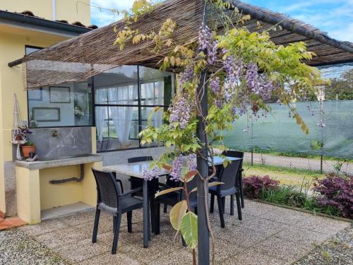 une table et des chaises sous une pergola avec des fleurs violettes dans l'établissement Casa Marcobando, à Lucques